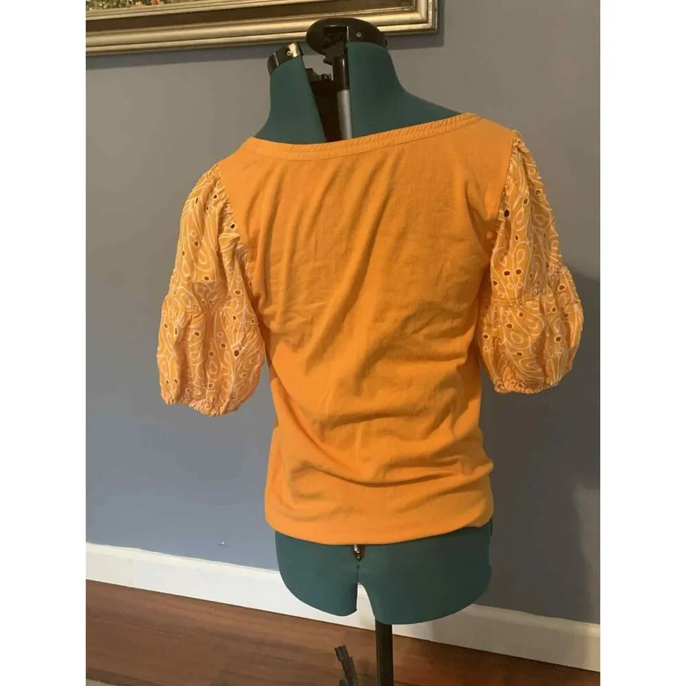 LOFT Yellow Ribbed Eyelet Puff Sleeve Blouse, Size M